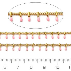 Schmuckkette, gedreht, vergoldeter Stahl mit rosa Emaille-Tropfen, 6x2x1,5 mm, 50 cm