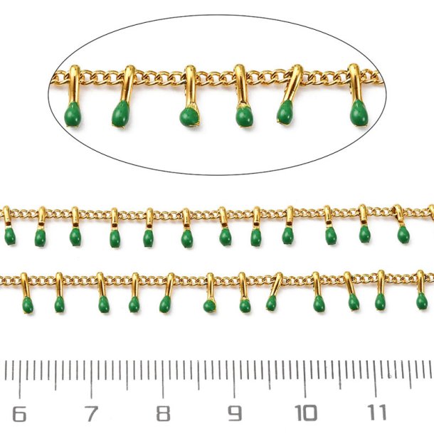 Schmuckkette, gedreht, vergoldeter Stahl mit gr�nen Emaille-Tropfen, 6x2x1,5 mm, 50 cm