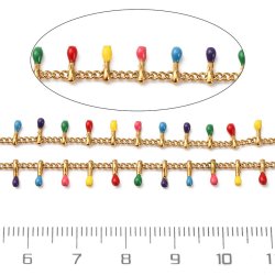 Schmuckkette, gedreht, vergoldeter Stahl, mix Farben Emaille-Tropfen, 6x2x1,5 mm, 50 cm
