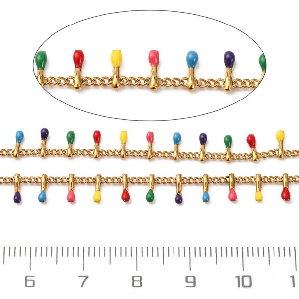 Schmuckkette, gedreht, vergoldeter Stahl, mix Farben Emaille-Tropfen, 6x2x1,5 mm, 50 cm