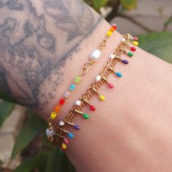 Schmuckkette, gedreht, vergoldeter Stahl, mix Farben Emaille-Tropfen, 6x2x1,5 mm, 50 cm