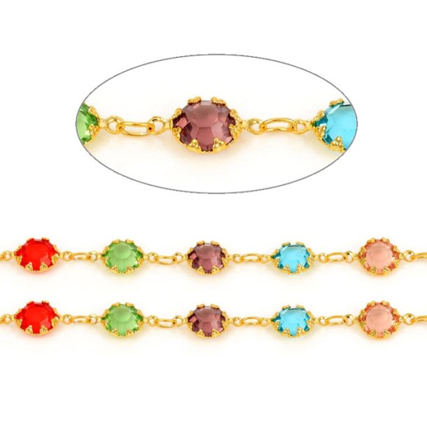 Chain with mixed coloured glass crystals, strong gilded brass, 12x6,5x3 mm, 50 cm