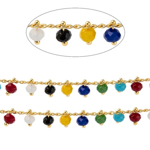 Chain with mix colors glass bead pendant, gold-plated brass, 4 mm, 50 cm