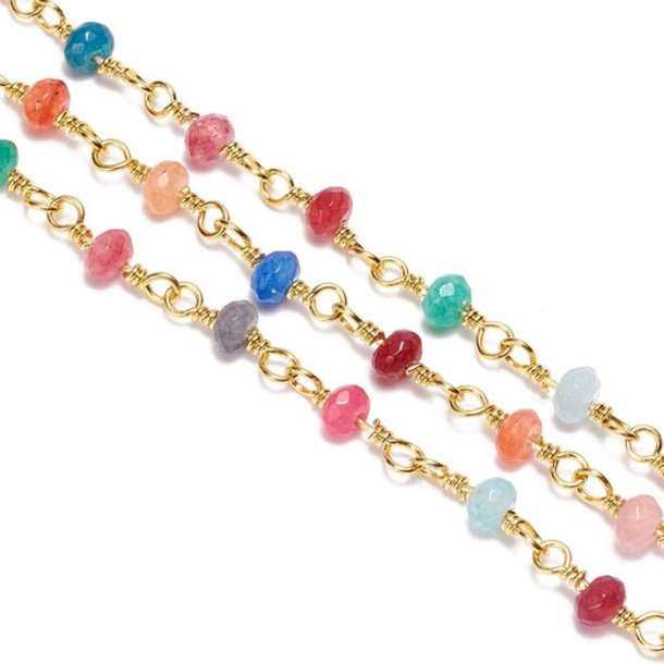 Necklace of mixed color faceted stone beads, gold-plated brass, 4x3 mm, 50 cm