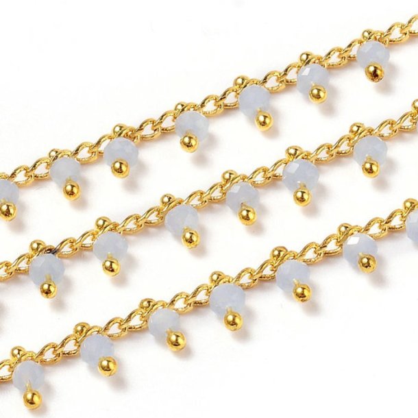 Chain with light grey glass bead pendants, gold-plated brass, 4 mm, 50 cm