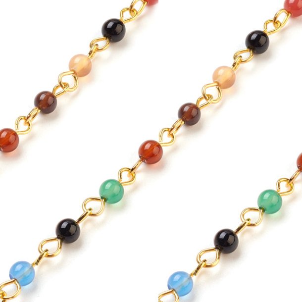 Necklace of mixed color agate beads, gold-plated brass, 4,5 mm, 100 cm