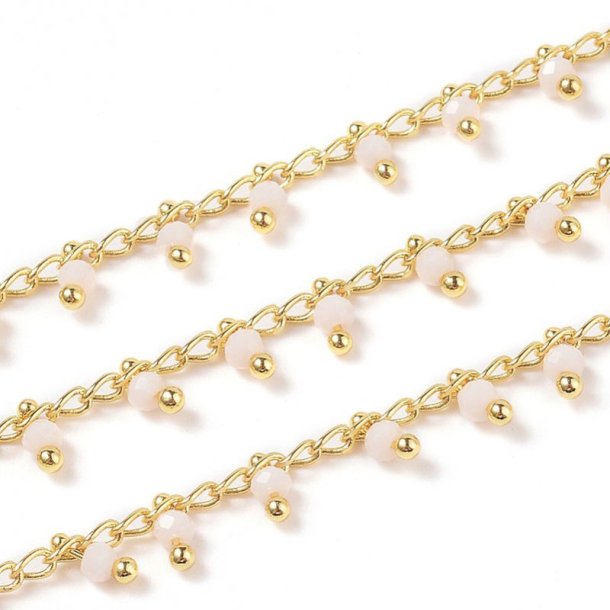 Chain with light rose glass bead pendants, gold-plated brass, 4 mm, 50 cm