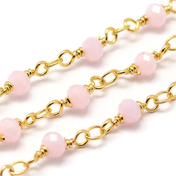 Chain of faceted glass beads, pink, gold-plated brass, 4 mm, 50 cm