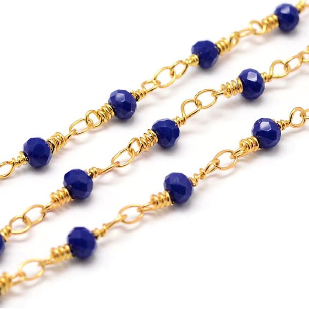 Chain of faceted glass beads, prussian blue, gold-plated brass, 4 mm, 50 cm