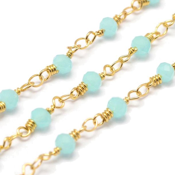 Chain of faceted glass beads, turquoise, gold-plated brass, 4 mm, 50 cm
