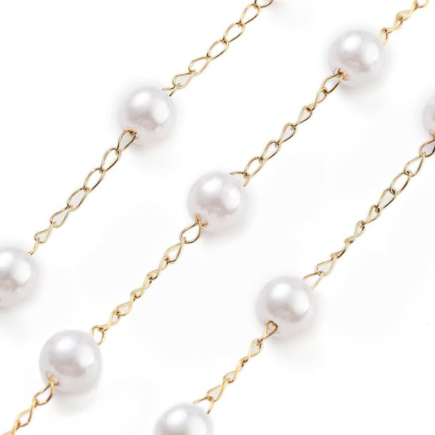 Pearl chain with white imitation pearls, 18K gold-plated steel, 6 mm, 50 cm