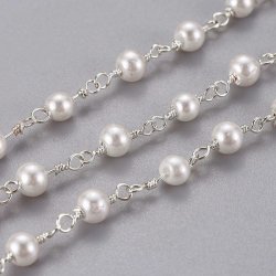 Kette mit wei&szlig;en Perlen, versilbertes Messing, Perlendurchmesser 3 mm, 50 cm