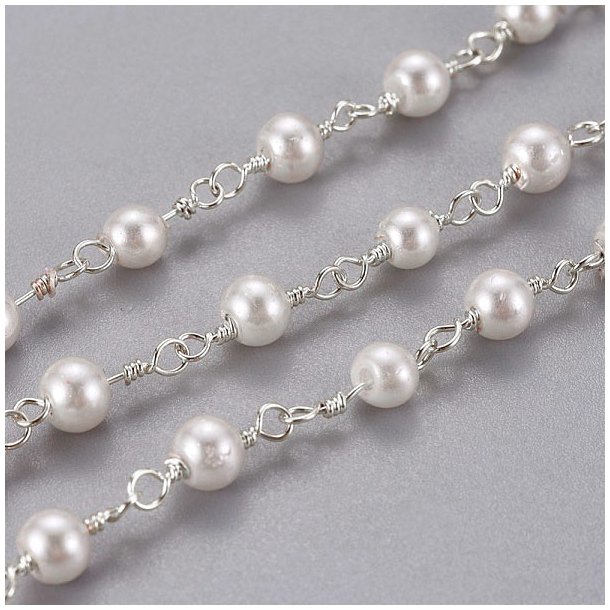 Chain with shell pearls, silver plated brass, pearl size 3mm, 50cm