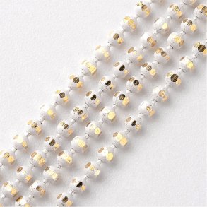 Kugelkette, weiß und gold, facettiert, Messing, mitt Kettensammler, 1,5 mm, 1 Meter