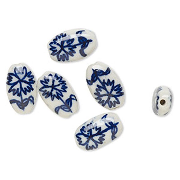 Porcelain perle, flat oval, bl-hvid med blomster, 18x11 mm, 2 stk