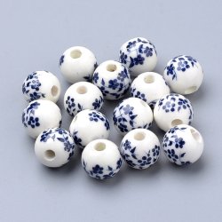 Porzellanperle, blau-wei&szlig; mit Blumen, 10 mm, 2 Stk