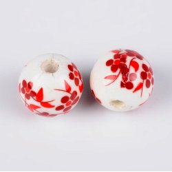 Porzellanperle, wei&szlig; mit roten Blumen, rund, 12 mm, 4 St&uuml;ck