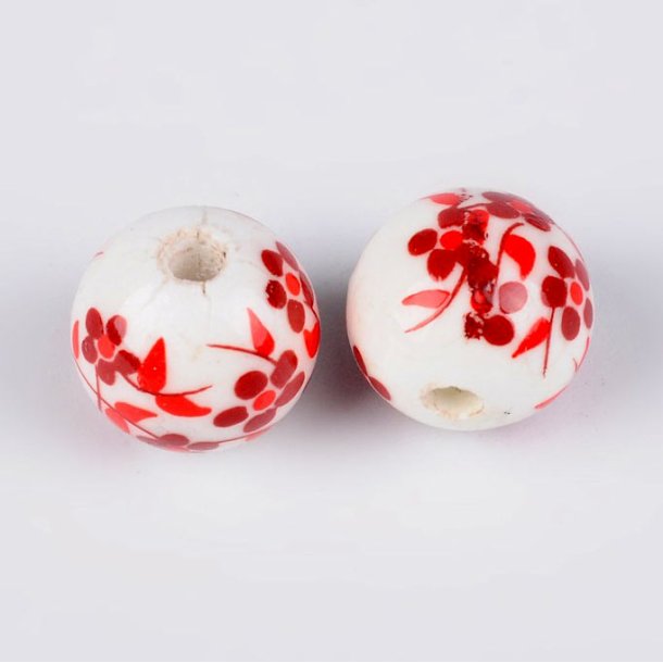Porcelæn perle, hvid med røde blomster, rund, 12 mm, 4 stk