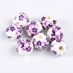 Porzellanperle, wei&szlig; mit lila Blumen, rund, 12 mm, 4 St&uuml;ck