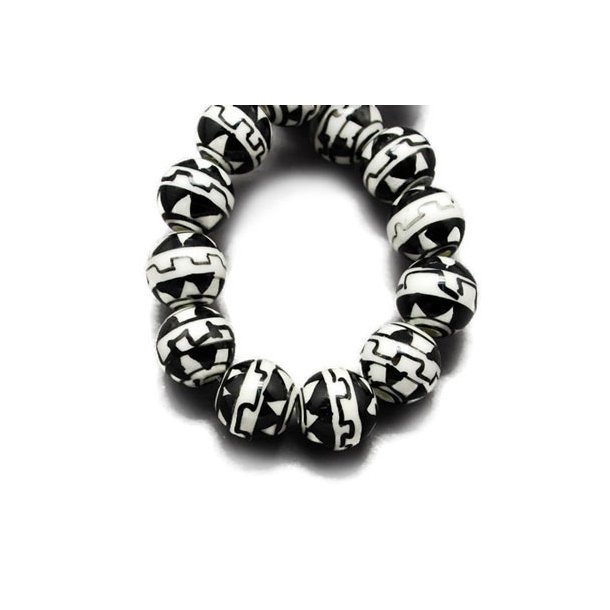 Porcelain pearl, black and white pattern, 12 mm, 4 pcs