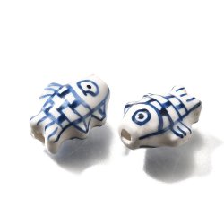 Porcelain beads, hand-painted blue striped fish, approx. 15.5x12x8 mm, 2 pcs