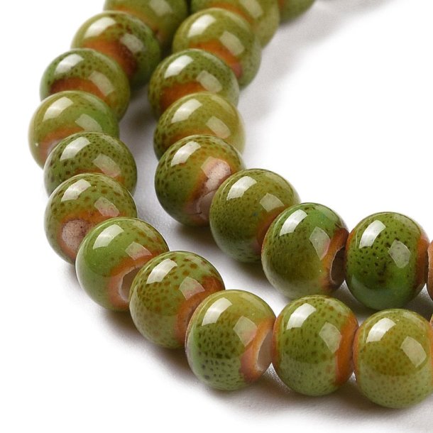 small ceramic bead, yellow-green speckled, round, 6 mm, appx. 59 pcs