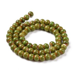 small ceramic bead, yellow-green speckled, round, 6 mm, appx. 59 pcs