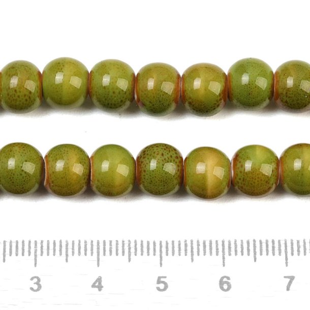 Ceramic bead, yellow-green speckled, round, 8 mm, 10 pcs