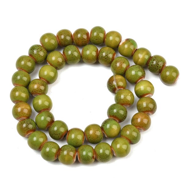 Ceramic bead, yellow-green speckled, round, 8 mm, appx. 40 pcs