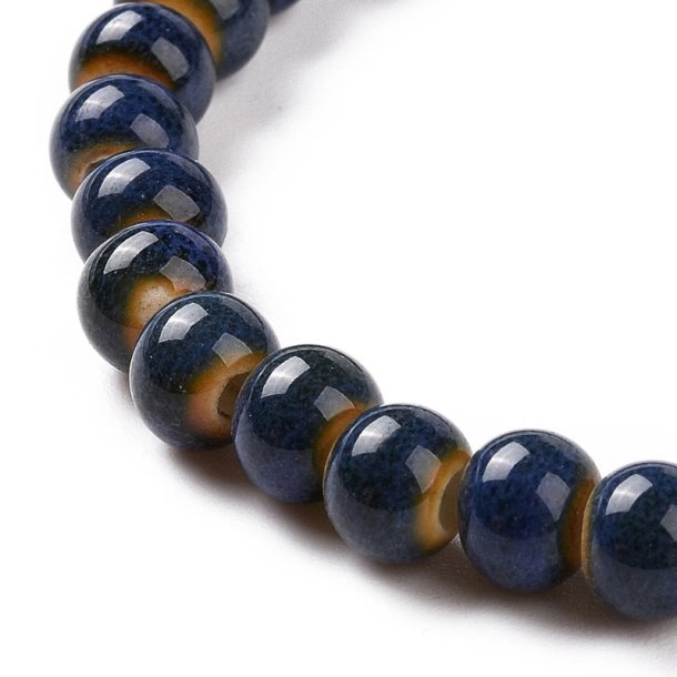 Lille keramikperle, hel perlerstreng, indigo bl�,sp�ttet, rund, ca. 6 mm, ca. 59 stk