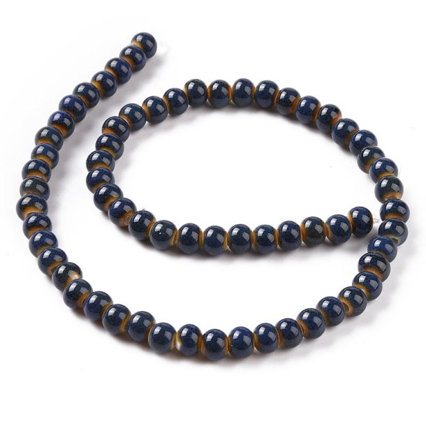 Lille keramikperle, hel perlerstreng, indigo bl�, sp�ttet, ca. 6 mm, ca. 59 stk