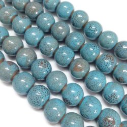 Keramikperlen, gesprenkelt, petroleumblau, rund, 10 mm, 6 Stck