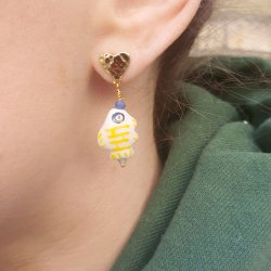 Keramikperle, wei�er Fisch mit gelben Streifen, 14,5x13 mm, 2 St�ck