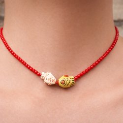 Keramik perle, gul fisk med r�de �jne, 16x12 mm, 2 stk