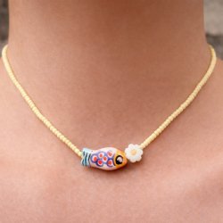 Keramik perle, lyser�d, gul og bl� fisk, 21x10 mm, 2 stk