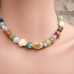 Keramik perle, gul og bl� fisk, 21x10 mm, 2 stk