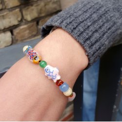 Keramik perle, lyser�d, gul og bl� fisk, 21x10 mm, 2 stk