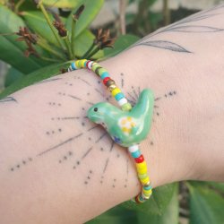 Porcelain perle, bl� fugl med blomsterm�nster, 13x18 mm, 2 stk.