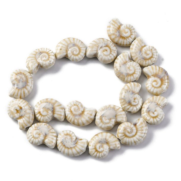 Ceramic conch shell beads, full strand, off-white, approx. 20x17x8 mm, 18 pcs