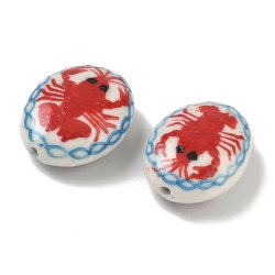 Porcelain perle, flad oval, bl�, hvid med r�d hummer, 21x16 mm, 2 stk