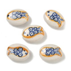 Porzellanperle, flach-oval, wei� mit blauem und gelbem Fisch, 21x16 mm, 2 Stck