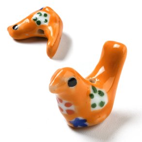 Porcelain perle, orange fugl med blomsterm�nster, 13x18 mm, 2 stk.
