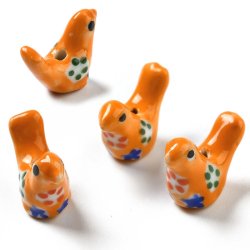 Porcelain perle, orange fugl med blomsterm�nster, 13x18 mm, 2 stk.