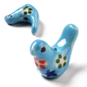 Porcelain perle, bl� fugl med blomsterm�nster, 13x18 mm, 2 stk.