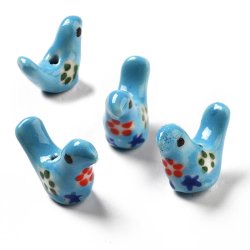 Porcelain perle, bl� fugl med blomsterm�nster, 13x18 mm, 2 stk.