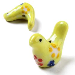 Porcelain perle, gul fugl med blomsterm�nster, 13x18 mm, 2 stk.