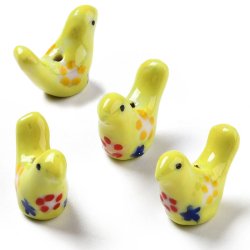 Porcelain perle, gul fugl med blomsterm�nster, 13x18 mm, 2 stk.