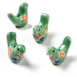 Porcelain perle, gr�n fugl med blomsterm�nster, 13x18 mm, 2 stk.