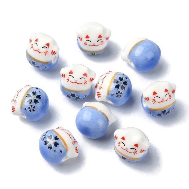 Porzellanperle, wei-blaue chinesische Glckskatze, 12x13x15 mm, 2 Stck
