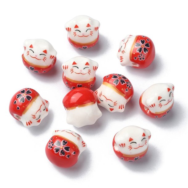 Porzellanperle, wei-rote chinesische Glckskatze, 12x13x15 mm, 2 Stck